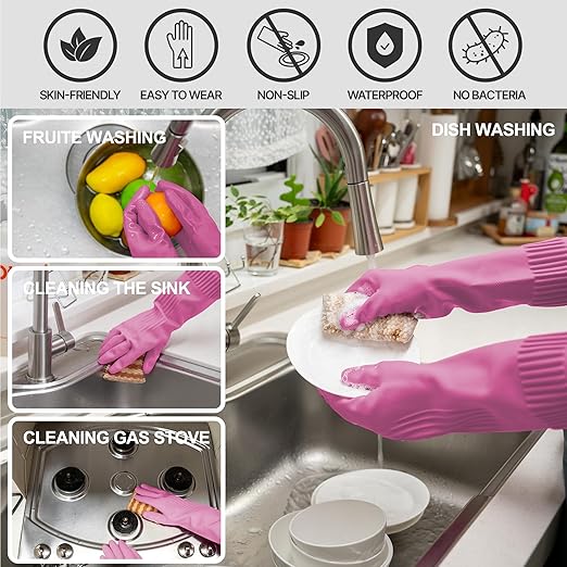 Mamison 2 Pairs Reusable Waterproof Household Dishwashing Cleaning Rubber Gloves, Non-Slip Kitchen Glove (Pink, Large (Pack of 3))