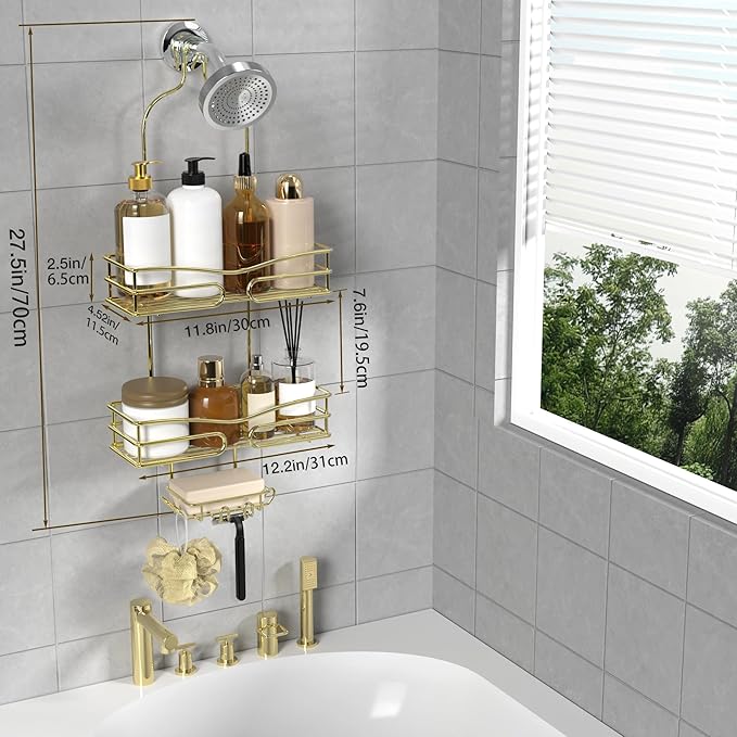 DAOYA Over the Shower Head Caddy - 3 Tier Shower Caddy Hanging, Gold Bathroom Organizer with Soap Holder & Hooks