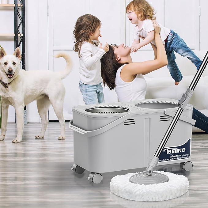 Compact Spin Mop for Apartments & Small Spaces, Clean & Dirty Water Separation Mop Bucket for Pet Owners & Daily Cleaning,360° Swivel Wheels, Safe for Hardwood & Tile, Adjustable Handle, 1 Mop Heads