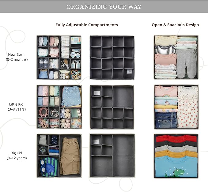 DECOMOMO Drawer Organizer for Baby – Clothes Organizer & Storage Dividers for Nursery, Storage Bins for Underwear, Bra, Socks, Diapers & Newborn Essentials (Grey, 12pcs)