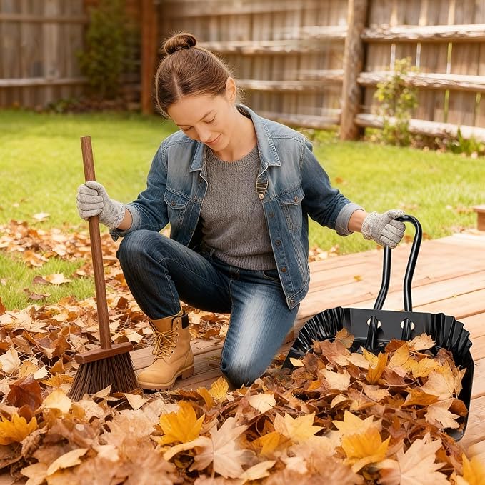 17In Extra Large Dust pan and Brush Set,Commercial Heavy-Duty Dust Pans and Wood Broom,Clip on Dust Pan Metal Edge Flat Against Floor for Patio/Pet/Car/Outdoor-Rubber Coated Easy to Grasp Handle