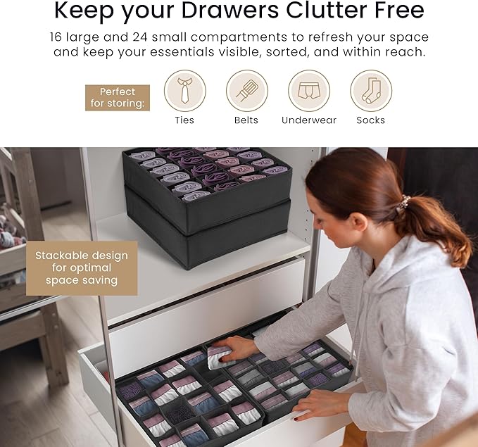 Reli. Sock Organizer (4 Pack) | 16+24 Cell Underwear Organizer | Drawer Dividers for Underwear, Socks, Ties, Belt | Foldable Fabric Storage Bins for Drawer, Closet, Dresser | 11.8 x 11.8 x 3.5 (Gray)