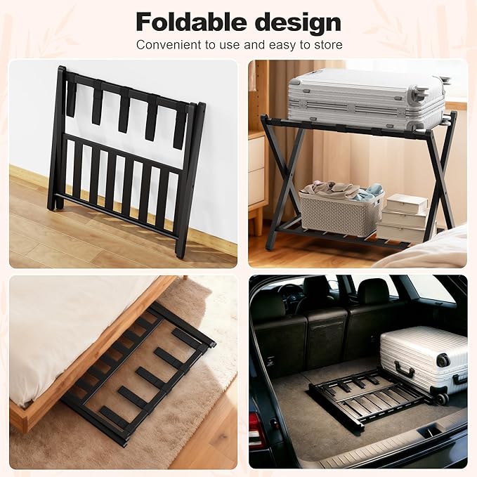 Black Luggage Racks Set of 2, Bamboo 26.77" Luggage Rack Stand for Guest Room, 5 Nylon Straps, Foldable Suitcase Stand with Storage Shelf for Bedroom Hotel, Holds up to 165 Lbs