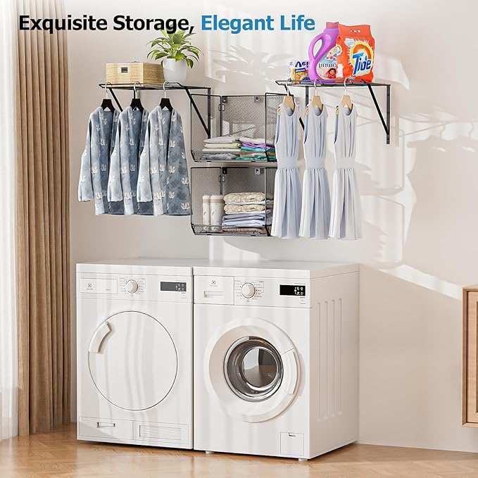 2 Pack Laundry Room Shelves Organization and Storage,Wall Mounted Clothes Drying Rack with Wire Mesh Basket Over Washer and Dryer, (Black, 2 Pack)