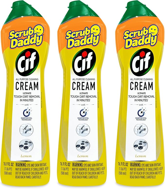 Scrub Daddy Cif Cream All Purpose Cleaner, Lemon - Multi Surface Household Cleaning Cream for Glass, Chrome, Granite, Sink, Gold, Marble & Countertops - 3 Pack (16.9 Oz Each)