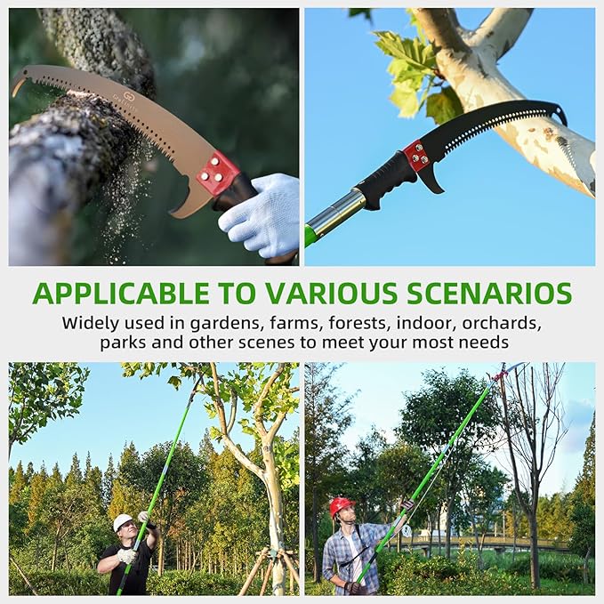 Manual Pole Saw for Tree Trimming, 27 FT Manual tree purner with 8 Fiberglass Handles, Sharp steel Blade and Scissors, Easy to Carry and Extendable Design for Tree Maintenance, Green