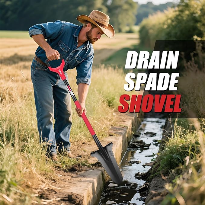 Drain Spade Garden Shovel Digging Shovels Root Saw Spade with Ergonomics Oval Steel Handle for Digging, Trenching, Cutting Roots,47.2 Inches