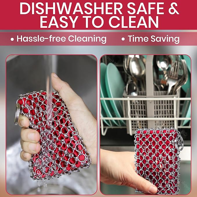 Cast Iron Scrubber Kit + Pan Scraper - 316 Cast Iron Chainmail Scrubber - Skillet Cleaner Scrubber - Cast Pan Scrubber Cleaner - Chainmail Chain Scrubber - Silicone Sponge - Dishwaher Safe