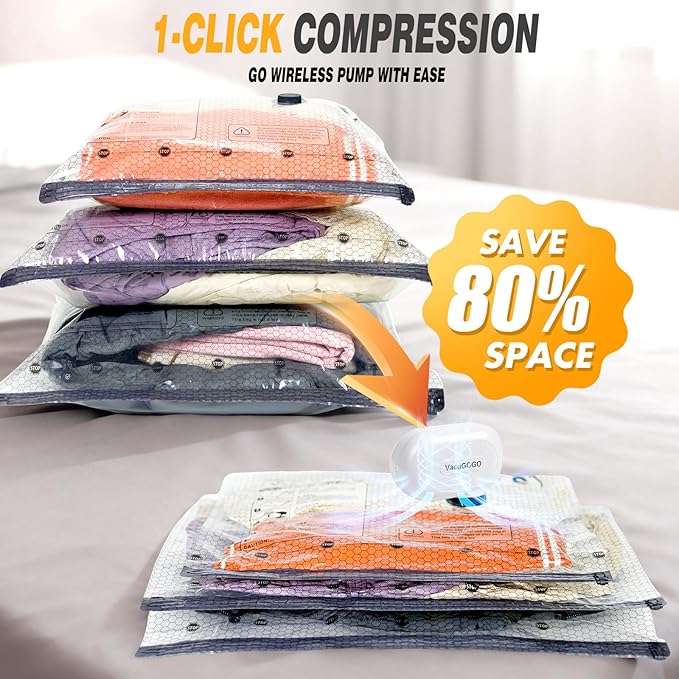 Travel Vacuum Storage Bags with Pump, Carry-on Luggage Compression Bags + Portable Electric Pump, 80% Space Saver for Clothes, Vacuum Seal Bags for Clothing Packing Travel, Pack of 18