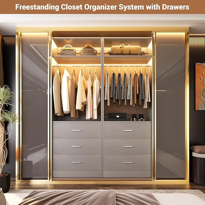 Besiost Closet System Set of 2, 4FT Closet Systems with 6 Wood Drawers, 48" Closet Organizer System with 2 Hanging Rods & 2 Shelves, Heavy Duty 48 Inch Walk-in Closet, Grey (48"L x 15" W x 80" H)