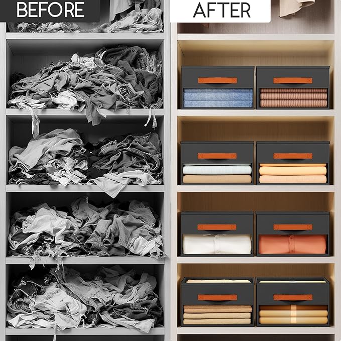 Homsorout Drawer Organizers and Storage - 10 Pack Foldable Pants Organizer with Clear Window & Handles, Fabric Closet Organizer for Clothes, Jeans, Sweaters, Towels, T-shirt, Scarf (Black)