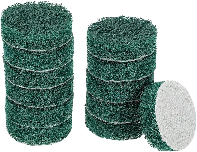 HARFINGTON 12pcs Scrubber Scouring Pads 180 Grits 2 Inch Drill Power Brush Hoop and Loop Surface Conditioning Disc Drill Scuffing Disc Scrub Pads for Home Kitchen Cleaning, Green