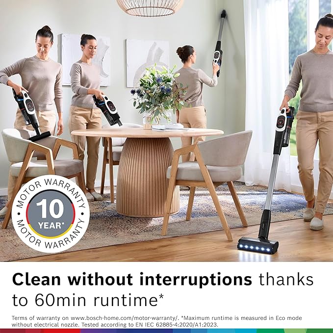 Bosch Unlimited 9 Cordless Stick Vacuum, 60-min Runtime, MicroClean Technology, >99.9% Dust Pickup, Dust Compression, HEPA Filter, Pet Hair, Carpets & Hard Floors, 3 Accessories, White