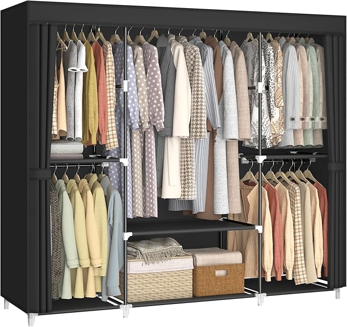 MOGELAFOO 64.5" Closet Wardrobe, Portable Closet for Bedroom, Freestanding Clothes Rack with Non-Woven Fabric Cover, 5 Hanging Rods, 6 Storage Shelves, Clothes Storage Organizer, Black
