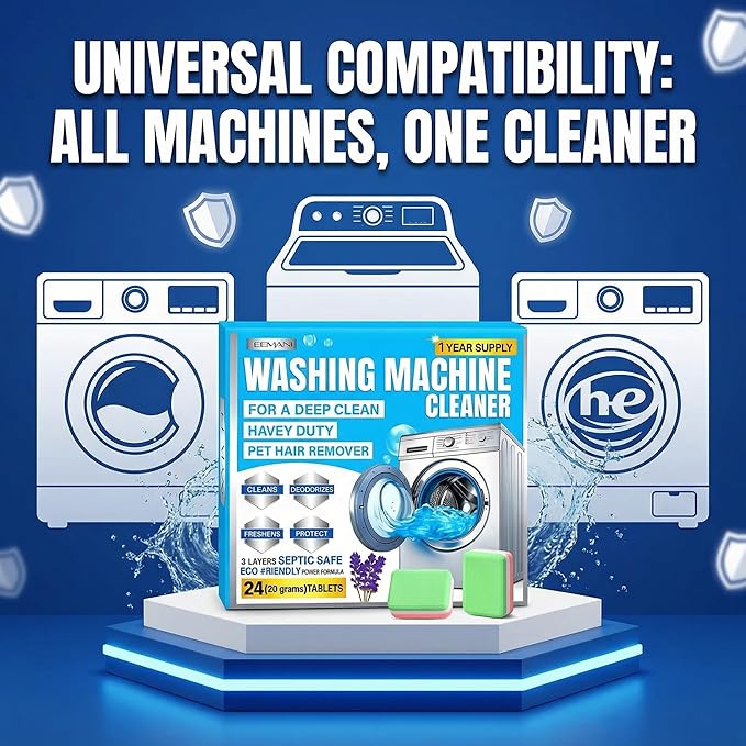 EEMANI Washing Machine Cleaner Tablets 24 Pack – Deep Cleaning for HE Front & Top Load Washer, 20g Tablets, Freshener for Drum & Tub – 1 Year Supply