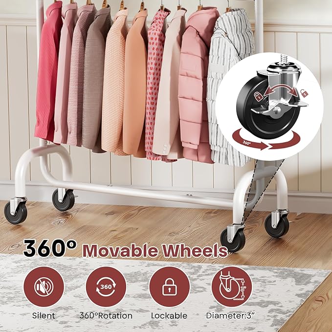 Heavy Duty Clothes Rack, 78.35" Rolling Clothing Rack for Hanging Clothes with Lockable Wheels, 6-Level Adjustable Double Rod Garment Rack for Bedroom, Laundry, Clothing Store, White