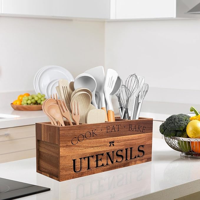 Suli Acacia Wood Utensil Holder for Kitchen Counter,Extra Large Utensils Holder with 4 Compartments,Caddy Organizer for Countertop, Farmhouse Kitchen Decor, Rustic Cooking Utensil