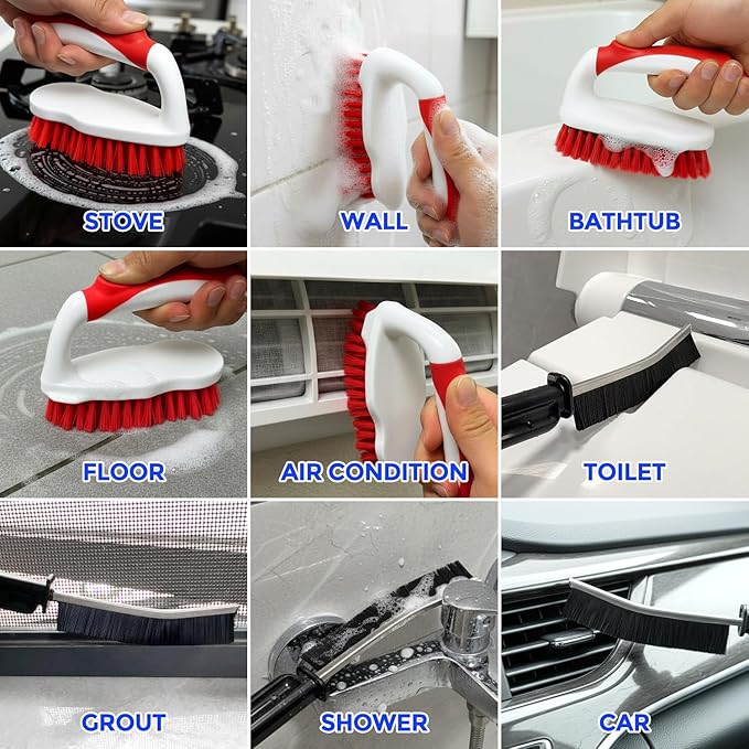 Scrub Brush - 6 Pack, Scrub Brushes for Cleaning, Heavy-Duty Scrub Brush, Stiff Bristles Cleaning Brush, for Kitchen, Bathtub, Floor and Wall Surfaces, Red