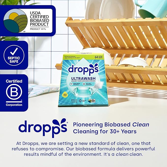 Dropps UltraWash Dishwasher Detergent Pods, Unscented (64 Ct) - Free & Clear | Cuts Grease & Stuck-On Food | Sparkling Dishes & Glasses | Residue-Free | Clean Ingredients | Plastic Free Packaging