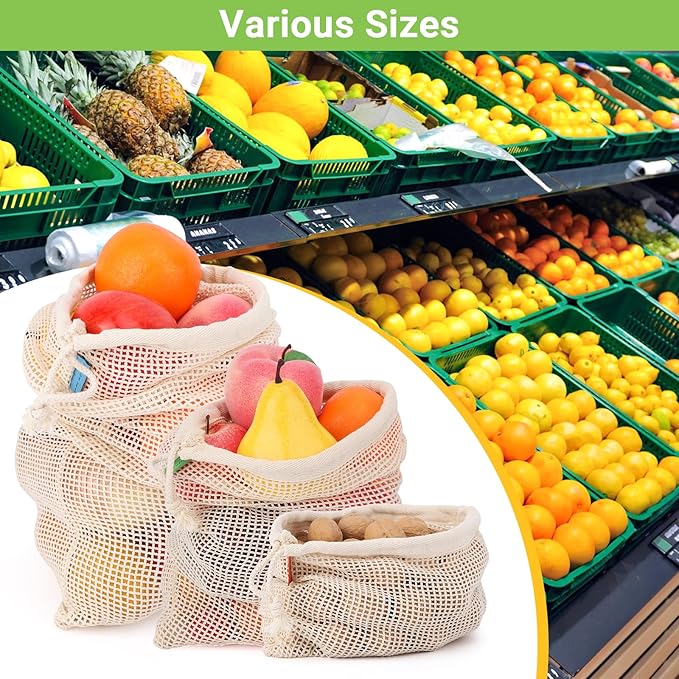 Pack of 6 Reusable Produce Bags Washable, 3 Sizes (2xS+2xM+2xL) Reusable Grocery Bags Heavy Duty Cotton Bag Mesh Bags for Vegetables, Enhanced Closure Edge, Double Stitched, with Tare Weight