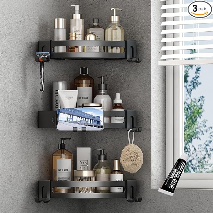 VOLPONE 3-Pack Black Triangle Shower Caddy, 3-Tier Corner Shelves, Rustproof Shower Storage Rack, Drill Free Wall Mount Shower Organizer, 40lbs Load Capacity