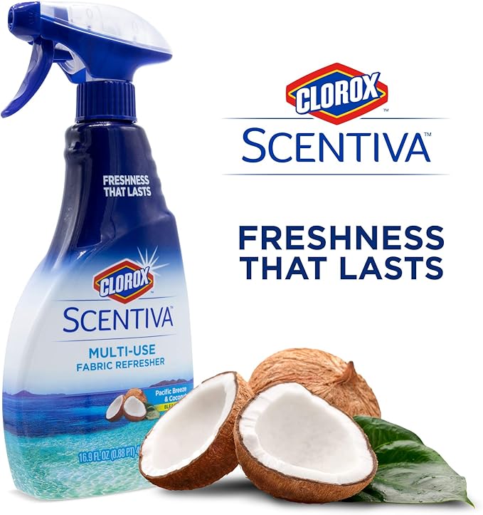 Clorox Scentiva Fabric Refresher Spray for Household Home Fabrics, Odor Refreshing Spray for Upholstery, Curtains, Bedding and Carpets, Pacific Breeze Coconut Scent, 16.9 Fl Oz