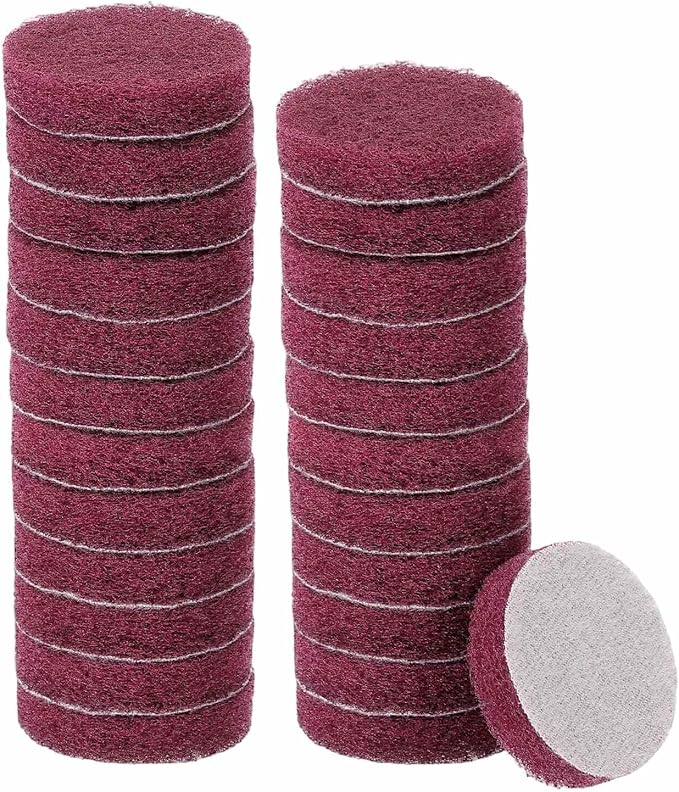 HARFINGTON 24pcs Scrubber Scouring Pads 400 Grits 2 Inch Drill Power Brush Hoop and Loop Surface Conditioning Disc Drill Scuffing Disc Scrub Pads for Home Kitchen Cleaning, Red
