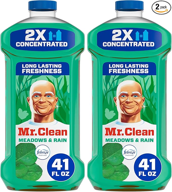 Mr. Clean All Purpose Cleaner, Floor Cleaner for Mopping Home, Bathroom, & Kitchen, Cleaning Liquid for Mop & Bucket, Cleaning Supplies, Multi-Surface Dilutable, Meadows & Rain, 41oz (Pack of 2)