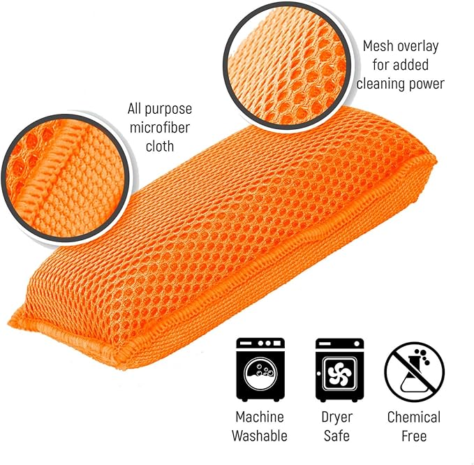 Miracle Microfiber Kitchen Sponge by Scrub-It - Non-Scratch Heavy Duty Dishwashing Cleaning sponges- Machine Washable- (Orange)