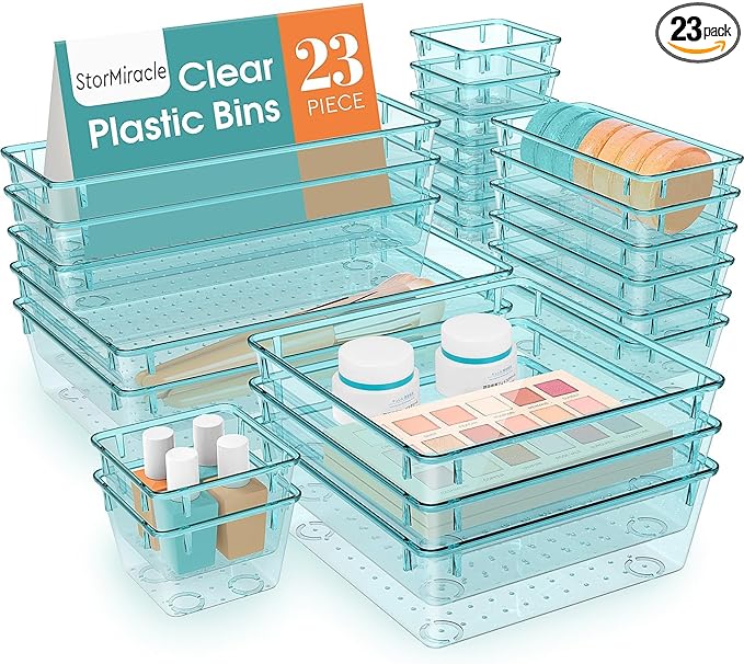 StorMiracle 23 PCS Drawer Organizer Set, 5 Varied Size Bathroom and kitchen Drawer cabinet organizer Trays, Clear Storage Bins for Makeup, Jewelry, Utensils and Gadgets