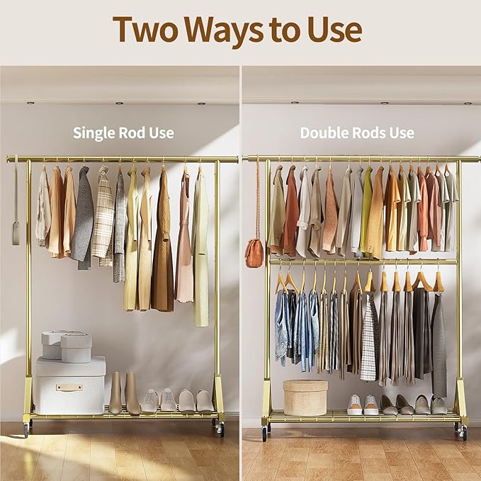 Luxspire Heavy Duty Clothes Rack Load 600 LBS, Double Rod Clothing Rack, Rolling Garment Racks with Lockable Wheels, Shelves, Adjustable Laundry Hanging Racks for Clothes, Gold