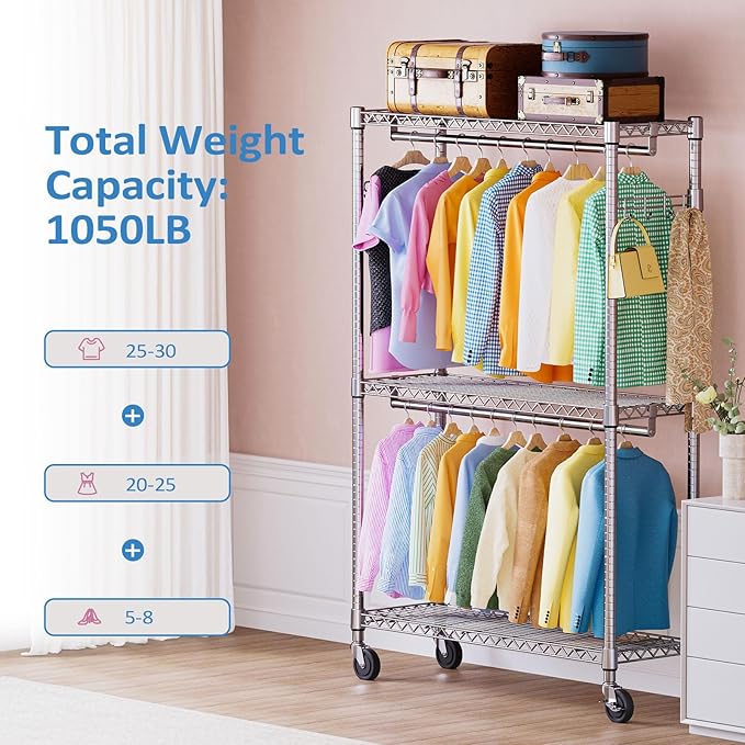 IZEUK Heavy Duty Rolling Garment Rack Wire Clothes Rack for Hanging Clothes (Chrome, 3 Tier with 2 Rod, 15.7" D x 45.3" W x 79.6" H)