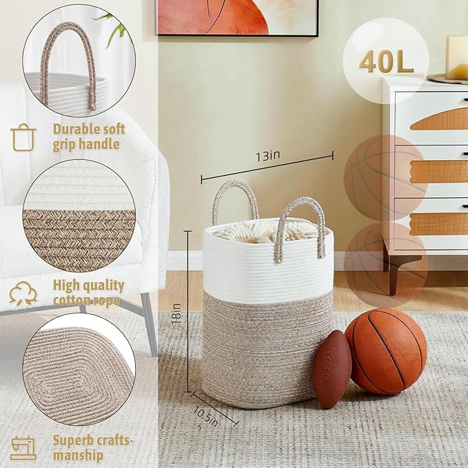 Laundry Basket,Woven Cotton Rope Laundry Hamper,Versatile Storage for Dirty Clothes,Baby Toys,and Blankets in Bathroom, Nursery,and Living Room (Brown, 40L)