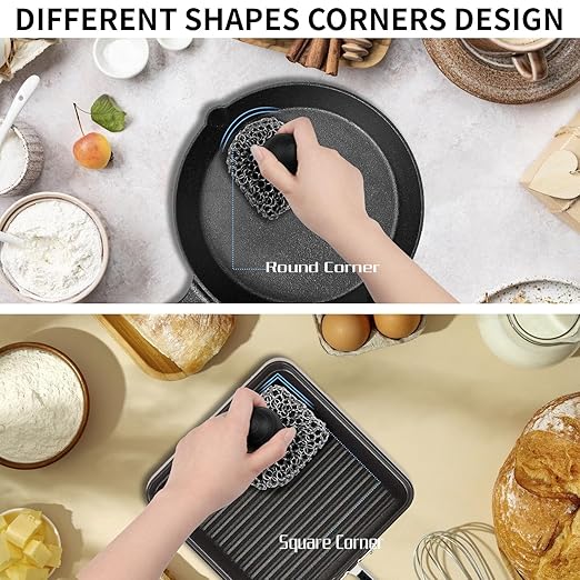 Cast Iron Scrubber with Pan Scraper, 316 Chainmail Scrubber, Upgraded Chain Mail Scrubber Sponge, Cast Iron Cleaner for Grill Pan Skillet Wok Carbon Steel, Dutch Oven Metal Brush Cleaning Kit, Black