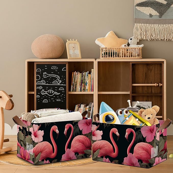 Flamingo Storage Basket,Hibiscus Collapsible Storage Bin Cubes for Living Room Bedroom Blankets Home Storage 17x11.5x10Inch