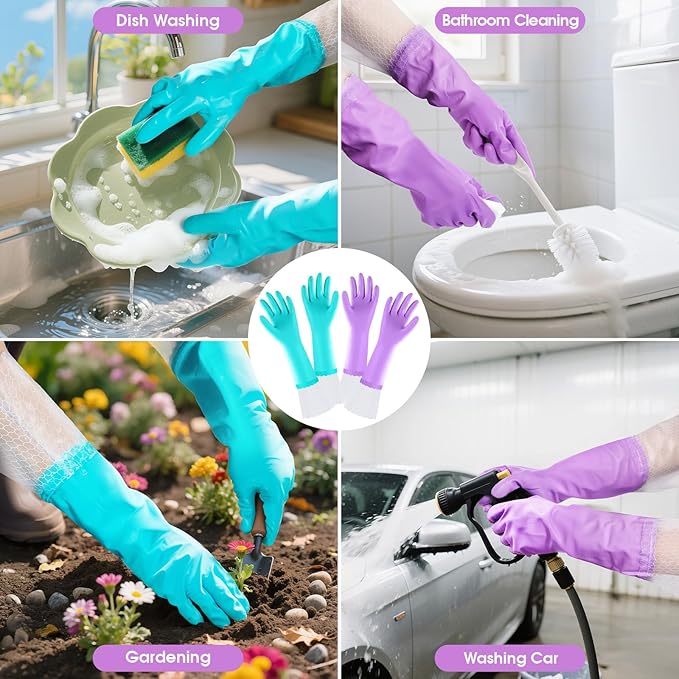 Elgood Reusable Long Dishwashing Cleaning Gloves with Latex Free, Long Cuff,Cotton Lining,Kitchen Gloves 2 Pairs,Purple+Blue Medium