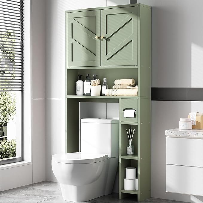 Meilocar 65.4" Over the Toilet Storage Cabinet, 29.1" Wide Bathroom Organizer with Toilet Paper Holder & Adjustable Shelf, Freestanding Space Saving Cabinet for Apartment, Laundry, Green