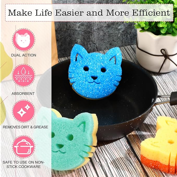 3 Pcs Dual Sided Scrub Sponge Multi Functional Cute Temperature Sensitive Non Scratch Dish Sponge for Washing Dishes Kitchen Bathroom (Cat,Green, Orange, Blue)