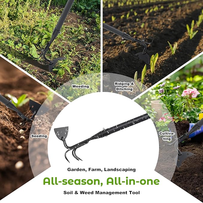 Garden Hoe, 2 in 1 Weeding Hoe and Cultivator Soil Tiller,52" Long Handle, Heavy Duty Hoe Garden Tool for Weeding, Loosening Soil, Cultivating, Gardening