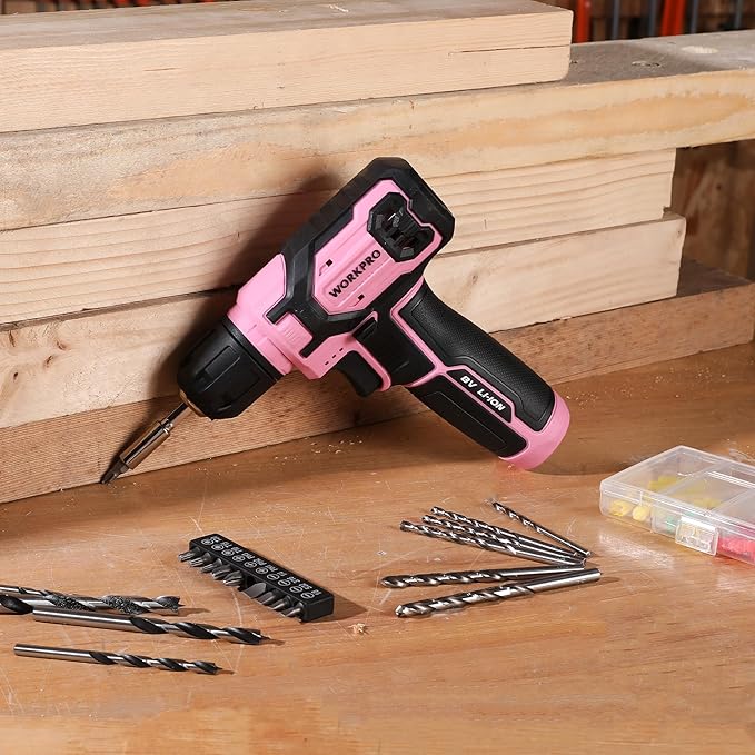 WORKPRO Pink Cordless Drill Set, 8V Impact Drill Driver with 53pcs Bit Set, 2.0Ah Electric Power Drill Kit with 3/8" Keyless Chuck and Variable Speed Trigger, Portable for DIY- Pink Ribbon