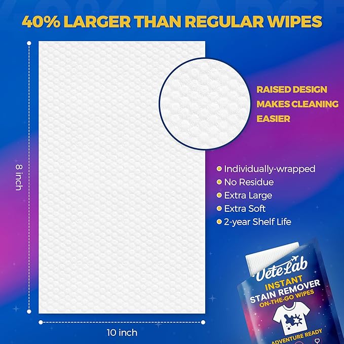 Instant Stain Remover Wipes for Clothes - Individually Wrapped Travel Spot Cleaner, Pocket-Size Laundry Wipes for Coffee, Food & Makeup Stains, Safe on Machine Washable Fabrics (100 Pack)