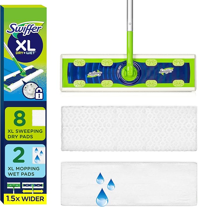 Swiffer Sweep + Mop XL, Broom & Mop Alternative, Floor Cleaner for Dirt, Dust, Hair, All Purpose Cleaning Tool for Home, Bathroom, Kitchen, Set Includes 1 XL Sweeper 8 XL Dry Pads 2 XL Wet Pads Fresh