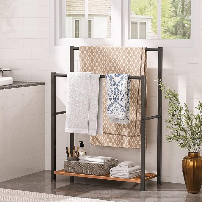 HOOBRO Free Standing Towel Rack for Bathroom, 22" L x 9.4" W x 31.5" H, 2 Tier Blanket Rack, Blanket Holder, Drying and Display Rack with Shelf, Rustic Brown and Black BF04LB01