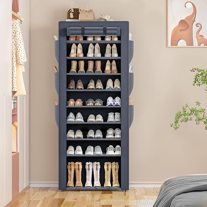 OYREL Shoes Rack 10 Tier Tall Shoe Rack with Storage Pockets, Fabric Covered Shoe Racks,Metal Shoes Rack Organizer for Closets,Bedroom, Garage