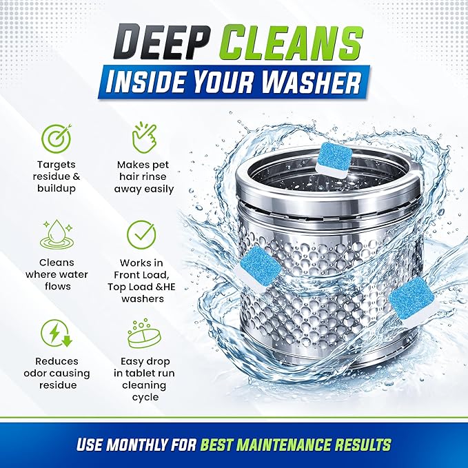 Washing Machine Cleaner Tablets 25 Pack – Rinses Away Pet Hair Trapped by Residue & Buildup, Compatible with Front Load, Top Load & HE Washers, Reaches Drum, Seal, Hoses & Pipes for Deep cleaning