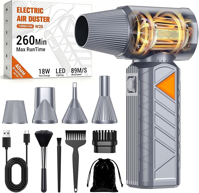 BOBYE Compressed Air Duster, 350W High-Powered Electric Air Duster with 180,000 RPM, Extended Runtime, 10000 mAh Battery, Mini Blower & Air Duster Rechargeable for Keyboard, PC, Car, Home, Silver