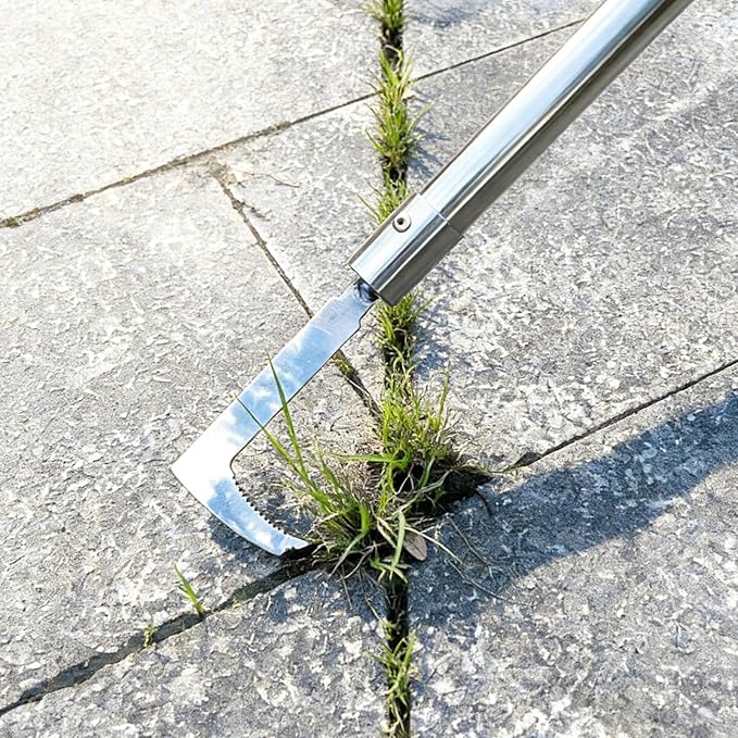 Qivine Weed Remover Tool, 5.25ft Adjustable Ergonomic Handle Weed Brush, 2-in-1 Brass Bristles & Steel Weeding Sickle for Sidewalk Cracks, Driveways, Patios, Gardens (Weed Remover Tool)