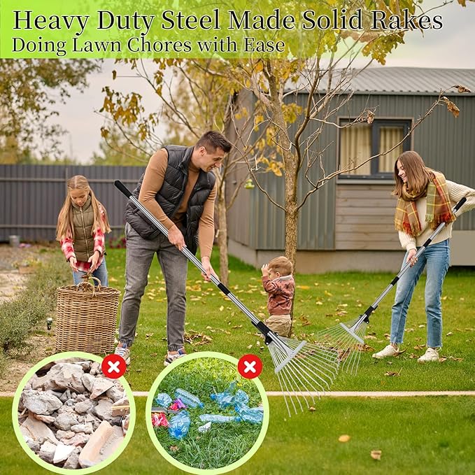 68" Heavy Duty Rake, Metal Leaf Rake with Detachable Handle, Garden Rakes for Leaves with Expandable Tines,Leaf Collector, Rakes for Lawns Heavy Duty Leaves, Debris