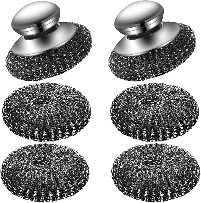 6 Pcs Steel Wool Scrubber, Stainless Steel Scrubber Pads for Cleaning Dishes, Cast Iron, Grill, Stove, Oven, Sink, Stubborn Messes (2 Scrubber with Handled + 4 Pads)