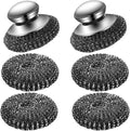 6 Pcs Steel Wool Scrubber, Stainless Steel Scrubber Pads for Cleaning Dishes, Cast Iron, Grill, Stove, Oven, Sink, Stubborn Messes (2 Scrubber with Handled + 4 Pads)